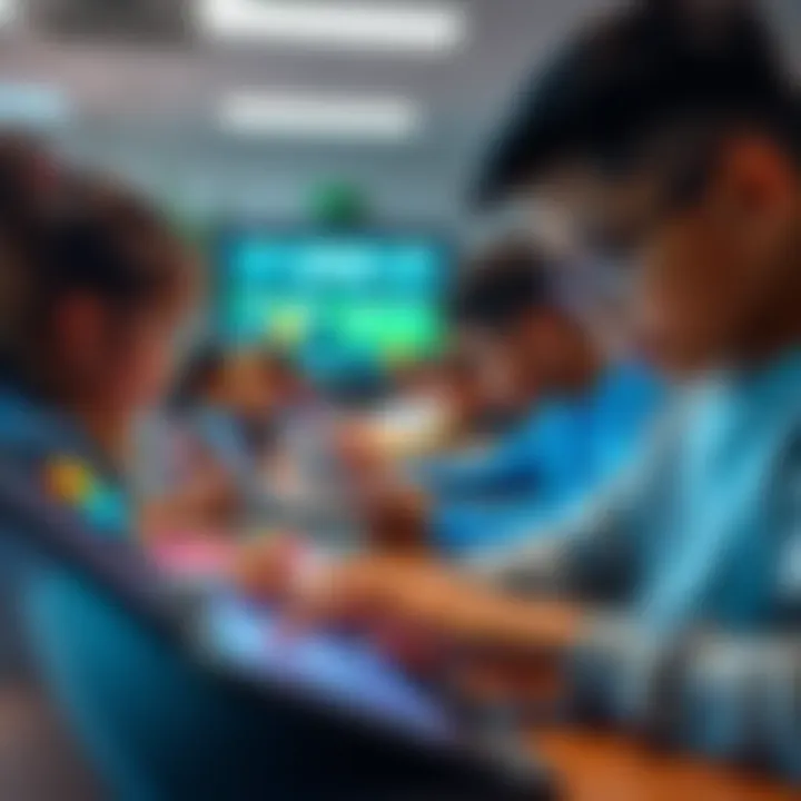 Students in a classroom using Microsoft AI tools on laptops and tablets