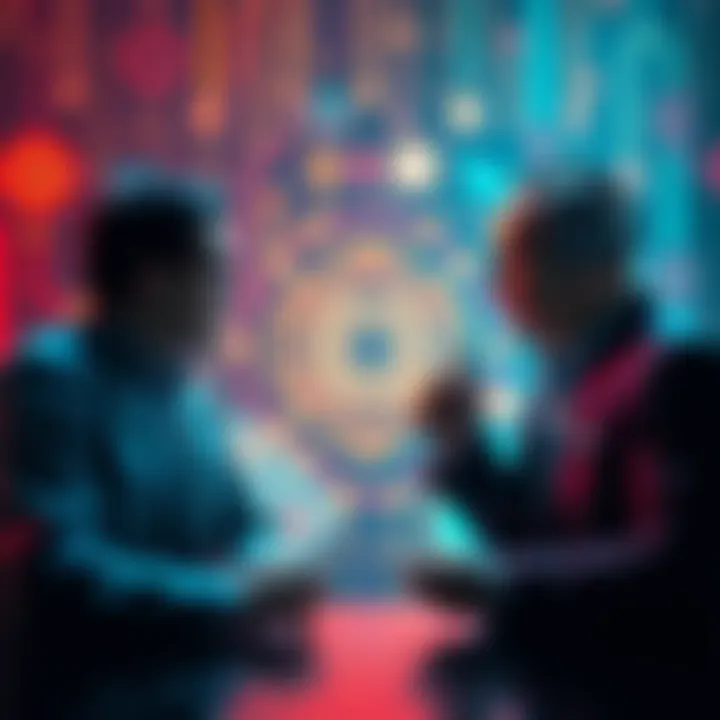 A digital representation of a heated discussion between Microsoft and OpenAI representatives over AGI concepts, with tech symbols in the background.