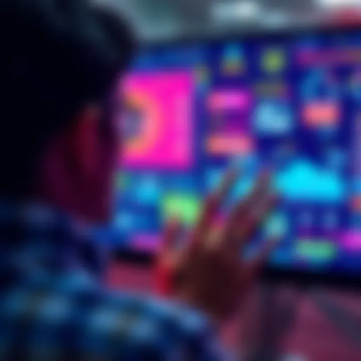 A digital assistant on a screen engaging a person with colorful graphics and notifications