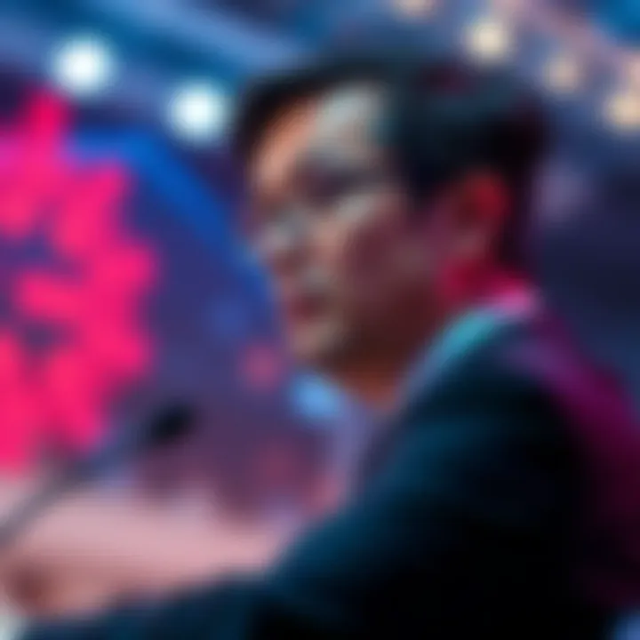 A serious-looking tech leader speaking at a conference about the dangers of AI consciousness.