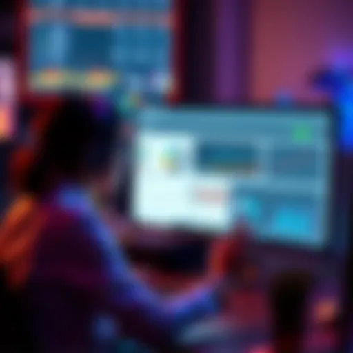 A woman at a desk looking at a computer screen displaying Microsoft's Copilot Benchmarks tool with graphs and performance metrics