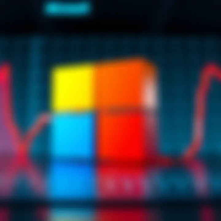 A Microsoft logo with a backdrop of a graph showing declining trends, representing expected layoffs and AI costs.