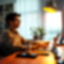 A mid-career data scientist working on a laptop at home, with a coffee cup and tech gadgets around, showing a blend of professional and personal projects
