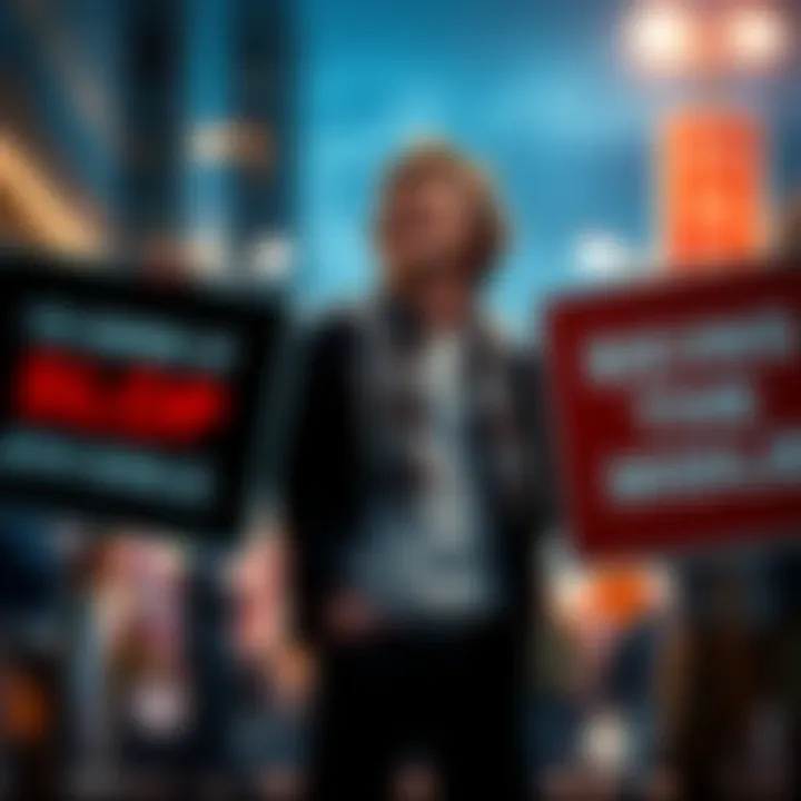 A person stands in the middle, laughing while holding signs representing two opposing views.