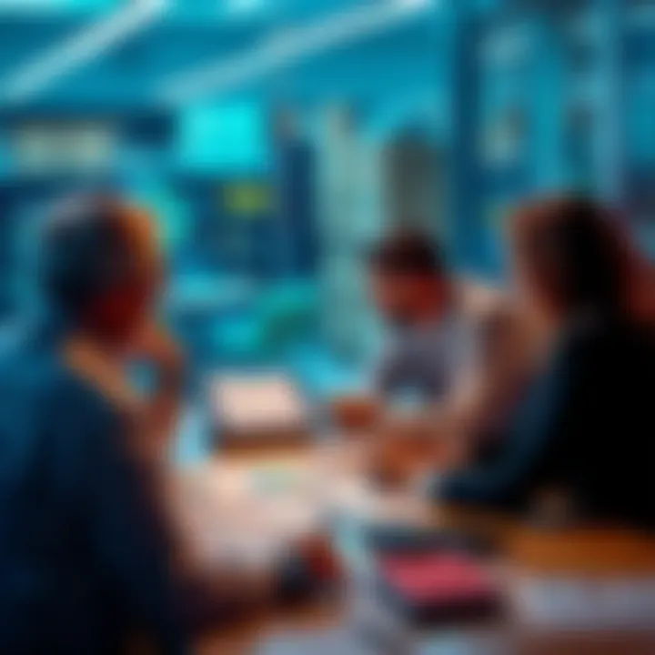 A professional discussing patent scope for middleware in a payment processing meeting, with charts and documents on a table.