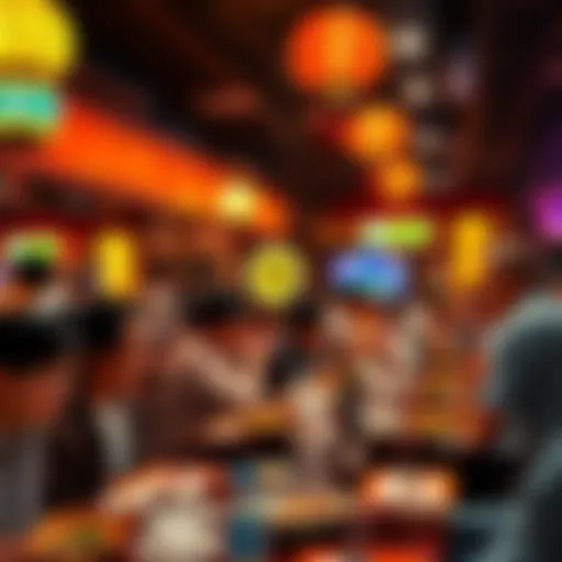A lively dining scene at the Midnight Noodle Revue with people enjoying unique dishes and entertainment under soft lighting.