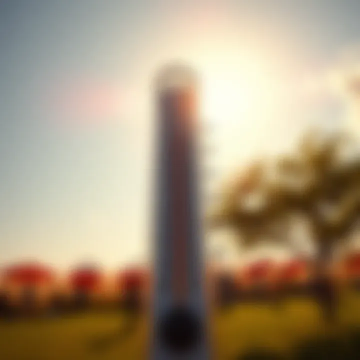 A thermometer displaying high temperatures under a blazing sun, with people seeking shade in a park.