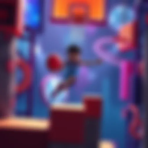 A character named Mike dribbles a basketball while jumping over obstacles in a colorful platform environment.