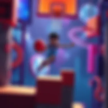 Mike the Hooper Basketball Game A character named Mike dribbles a basketball while jumping over obstacles in a colorful platform environment.
