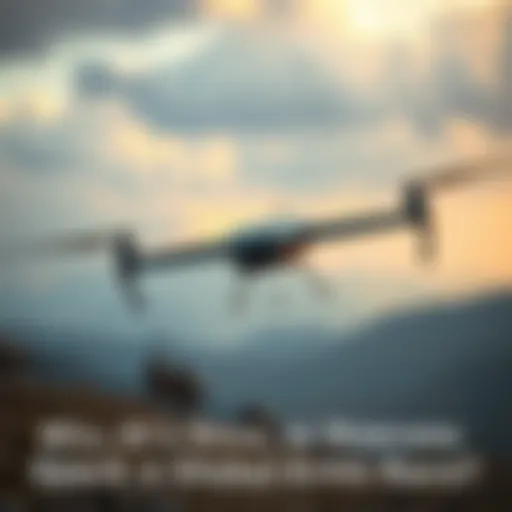 A military drone equipped with artificial intelligence flying over a battlefield landscape, symbolizing the integration of AI in modern warfare.