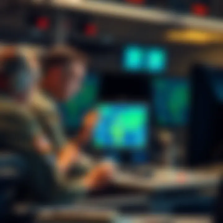 A frustrated team of military personnel reviewing malfunctioning GPS software on a computer screen in a command center.