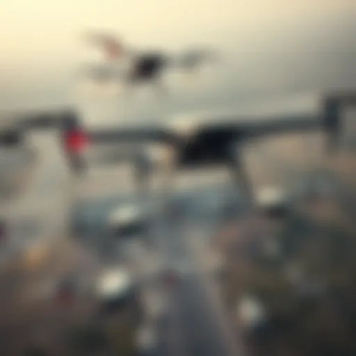 Military drones flying over a battlefield during an operation