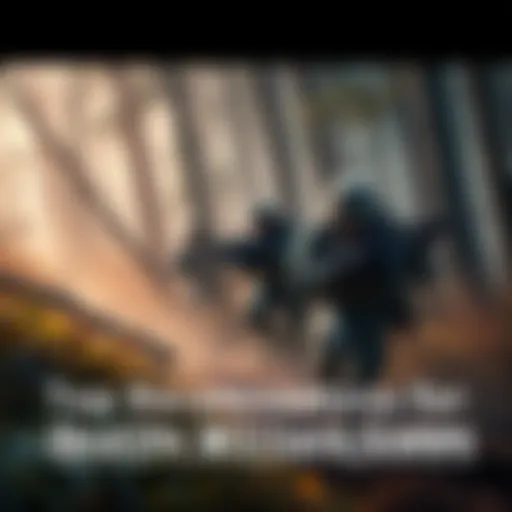 A group of soldiers in a tactical military game, navigating through a dense forest with weapons drawn and strategic formations.