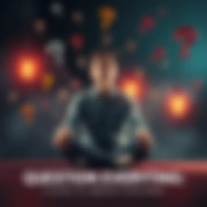 Mind Liberation Concept A person sitting cross-legged with a thoughtful expression, surrounded by question marks and lightbulbs, symbolizing critical thinking and exploration of ideas.