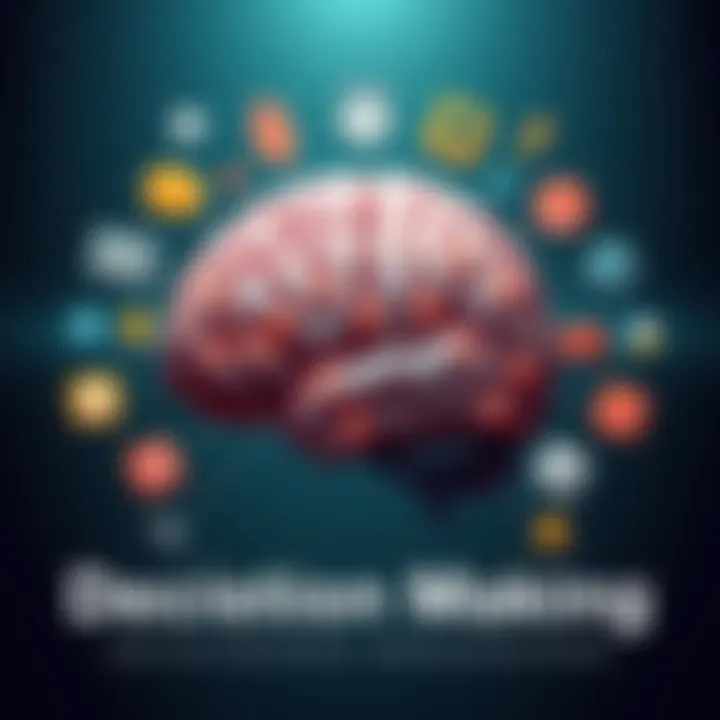 A brain surrounded by different icons representing emotions, choices, and analysis