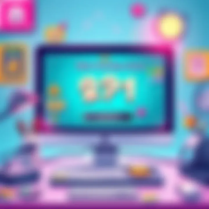 A playful digital illustration showing a computer screen with a mind-reading game interface asking 21 questions, surrounded by colorful graphics and game elements.