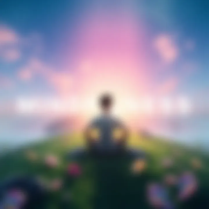 A serene background with calming colors and a character meditating, surrounded by nature imagery representing mindfulness, relaxation, and focus.