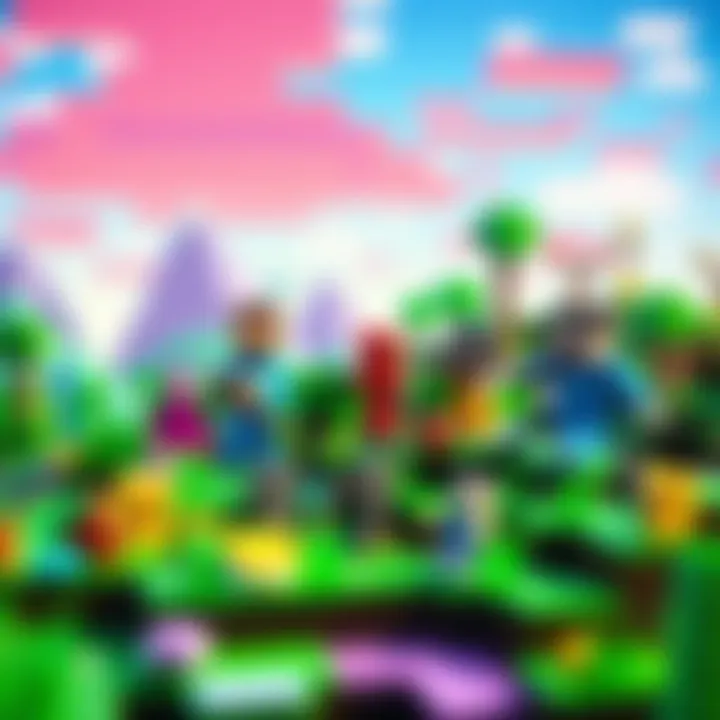 A colorful Minecraft pixel art scene with various pixelated characters and objects