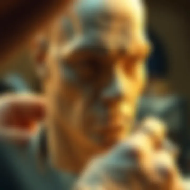Close-up of a sculptor modeling a miniature head with detailed facial features and expressions