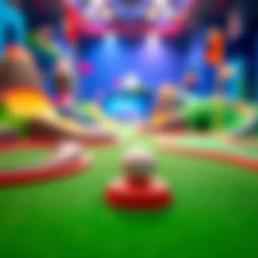 A colorful digital minigolf course showcasing obstacles and a golf ball on a tee, inviting feedback from players.