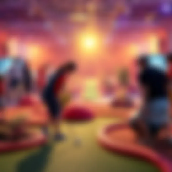 A colorful minigolf course with players trying out the new game prototype.