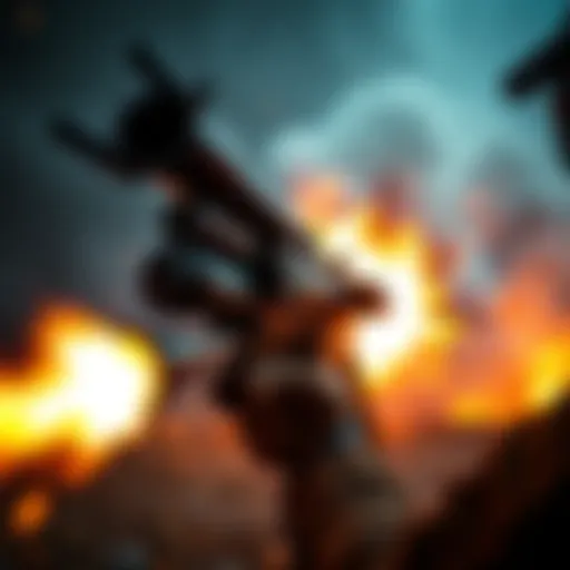 A powerful minigun firing in a combat setting with visible muzzle flash and smoke.