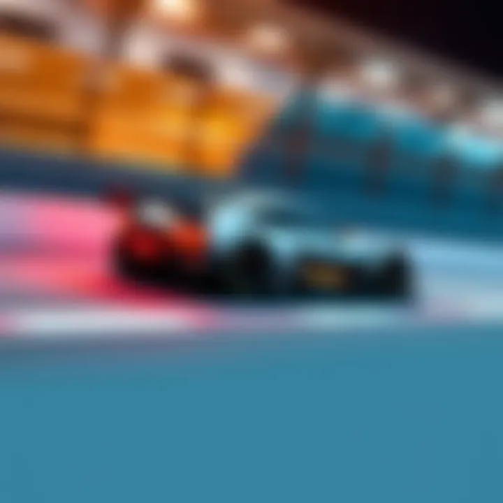 A sleek, minimalist racing car speeding on the track with a clean design and bold colors, showcasing speed and efficiency.