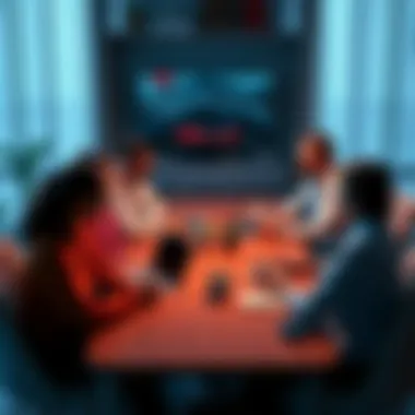 A group of people engaging in conversation around a table with laptops and coffee, symbolizing a community discussion for the MiniMax forum.