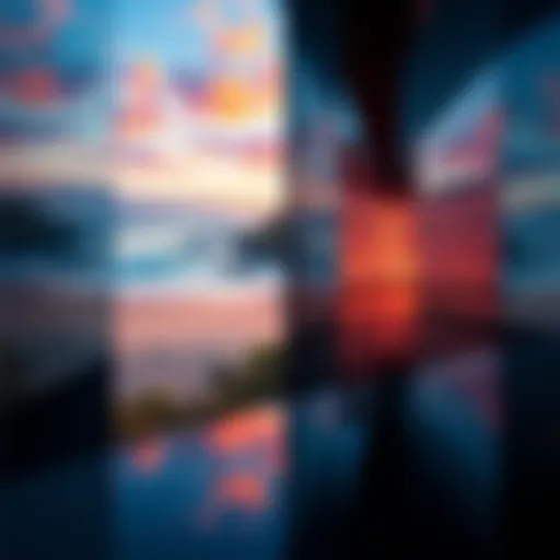 A collage of scenes showcasing video prompts including a scenic beach and angles from a house of mirrors