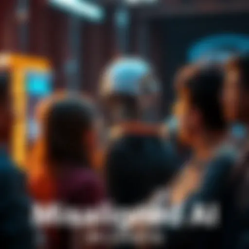 A worried group of people discussing the risks of artificial superintelligence, with a blurred image of a robot in the background.