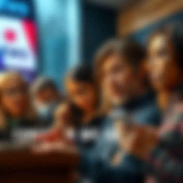 Misinformation Spread A group of people discussing news on social media while looking concerned about false information.
