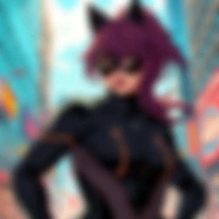 Illustration of Miss Fury, a strong female superhero with a black feline costume and mask, posing confidently in a city setting, showcasing her powerful presence.