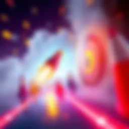 A missile flying through various colorful obstacles towards a target in the game Dumbfire.