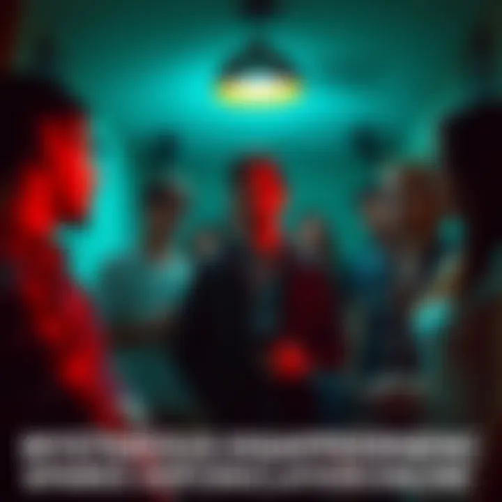 A group of concerned friends discussing a disappearance in a dimly lit room with worried expressions.