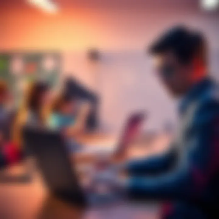 A classroom scene showing students using laptops with AI software, as an instructor looks concerned about academic integrity.