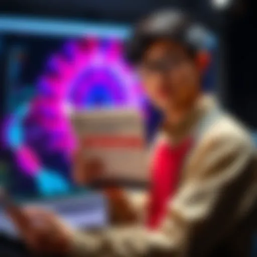 A graduate student holding MIT's Foundations of Computer Vision book with a laptop displaying generative image models in the background.