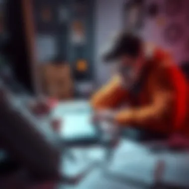 A frustrated developer analyzing a mobile game interface on a tablet, surrounded by notes and designs.