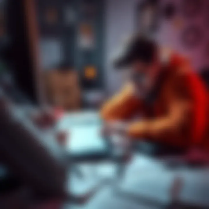 A frustrated developer analyzing a mobile game interface on a tablet, surrounded by notes and designs.