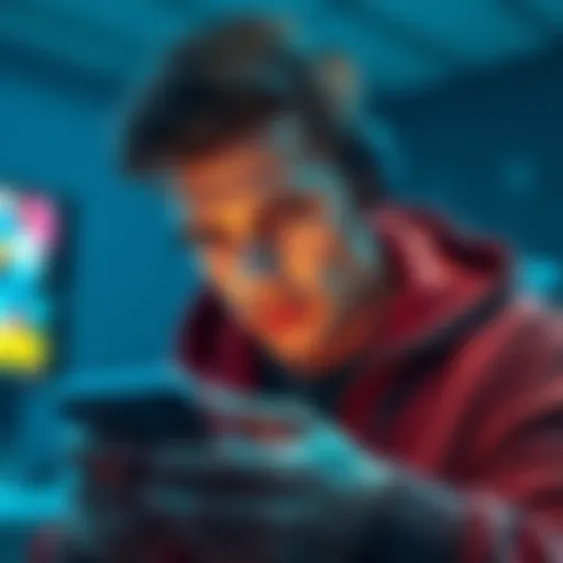 Mobile gamer looking at phone A person focused on their smartphone, contemplating a mobile game experience, showing mixed emotions.