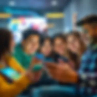 A group of friends enjoying a mobile game on their smartphones together, smiling and engaged in the game.