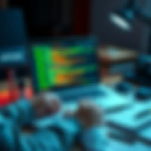 A person working on a laptop with mobile app code on the screen, surrounded by coding tools and notes.