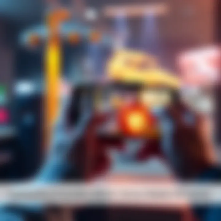 A player holding a smartphone, engaged in a mobile FPS game with intense graphics and action on screen.