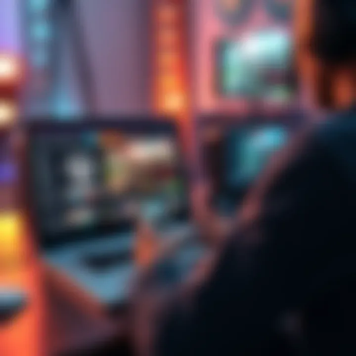 A person working on a mobile game using Unreal Engine on a laptop, showcasing game graphics and design elements