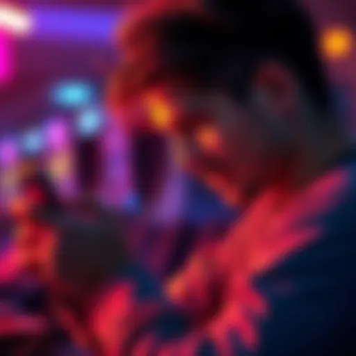 A person intensely focused on playing a mobile game on their phone, showcasing deep concentration and engagement.