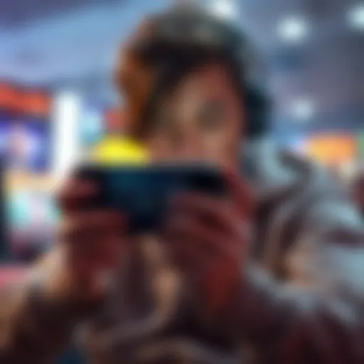 A person engrossed in a mobile game, focused on the screen, representing short and engaging gameplay