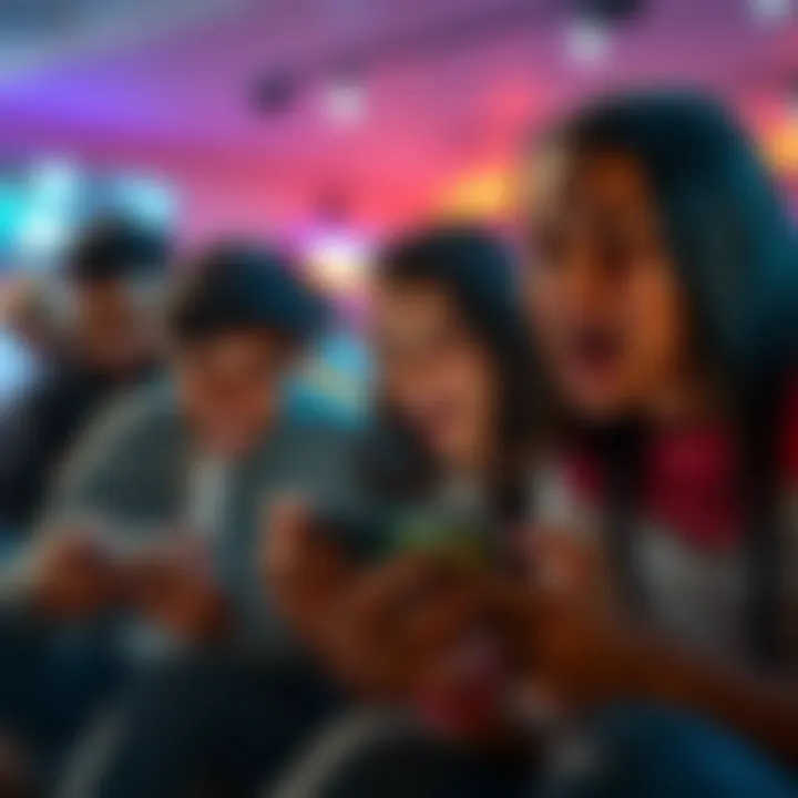 Group of people playing mobile games together, showing excitement and engagement