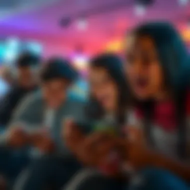 Mobile Game Enthusiasts Group of people playing mobile games together, showing excitement and engagement