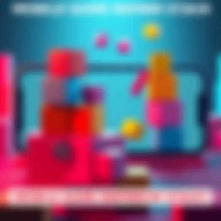 A screenshot of a mobile game featuring colorful moving boxes stacked on each other, showcasing a balancing challenge, with simple touch controls visible on the screen.