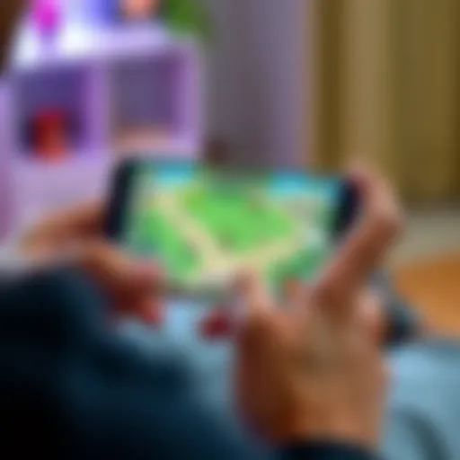 Mobile games on a phone A person holding a new smartphone displaying popular mobile games on the screen
