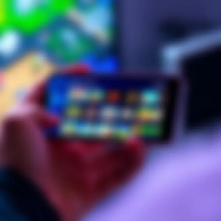 Mobile gaming titles on a smartphone A person holding a smartphone displaying various mobile game icons, showcasing a range of gaming options.